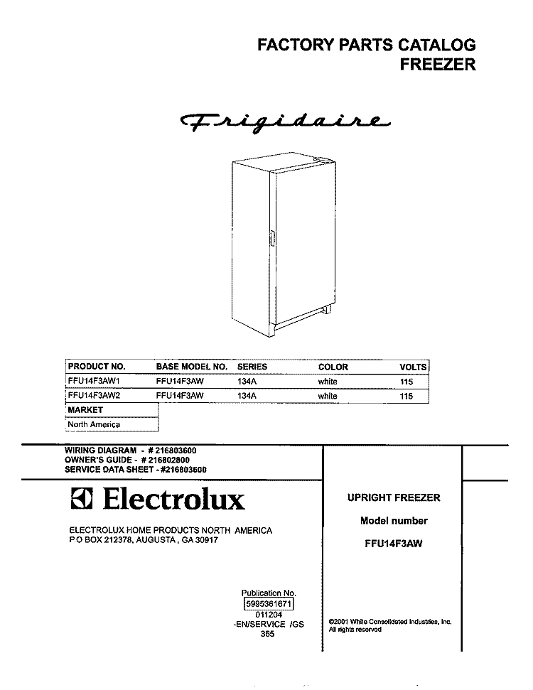 COVER Diagram and Parts List for FFU14F3AW2  Frigidaire Freezer