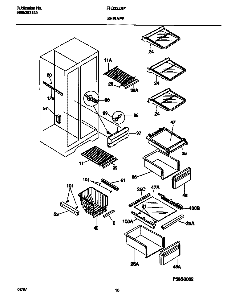 SHELVES Diagram and Parts List for FRS22ZRFD0  Frigidaire Refrigerator