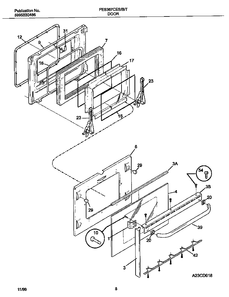 DOOR Diagram and Parts List for FES367CETF  Frigidaire Range