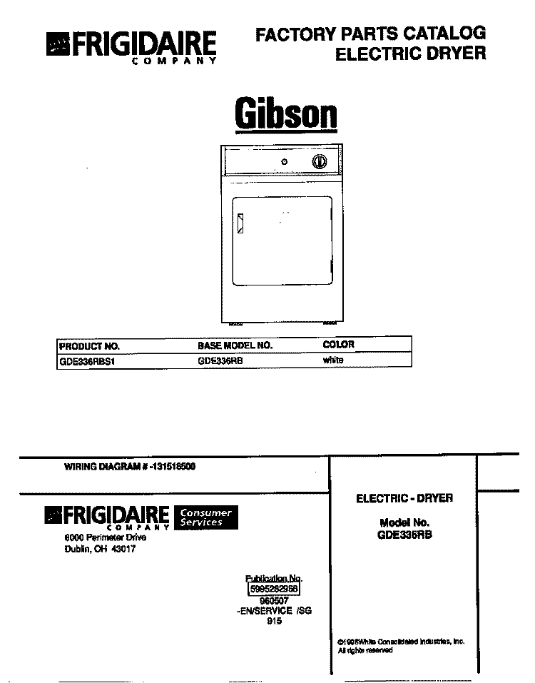COVER Diagram and Parts List for GDE336RBS1  Gibson Dryer
