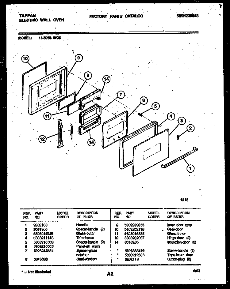 DOOR PARTS Diagram and Parts List for 11-5969-00-05  Tappan Wall Oven