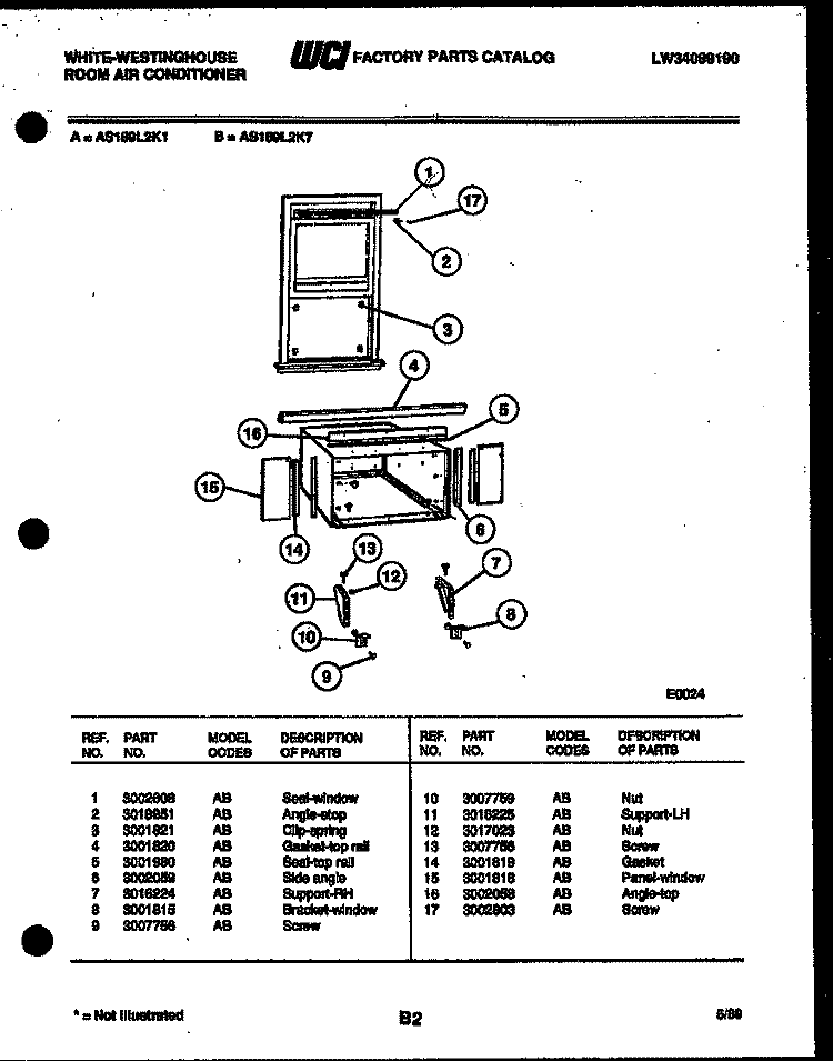 CABINET AND INSTALLATION PARTS Diagram and Parts List for AS189L2K1  Frigidaire Air Conditioner