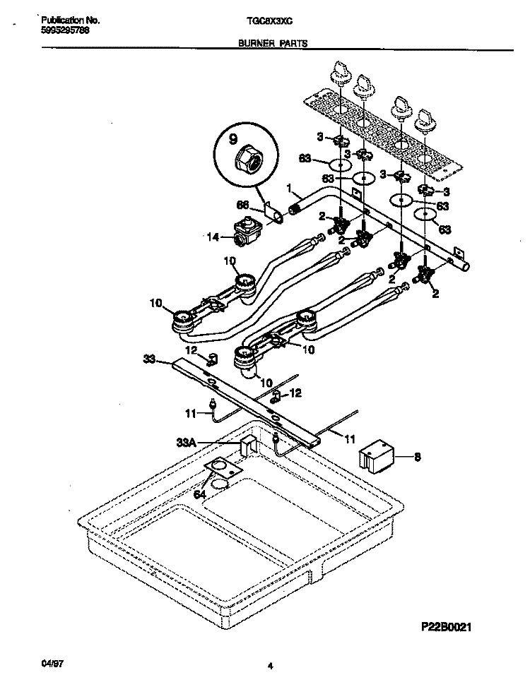 BURNER PARTS Diagram and Parts List for TGC8X3XCW3  Tappan Cooktop