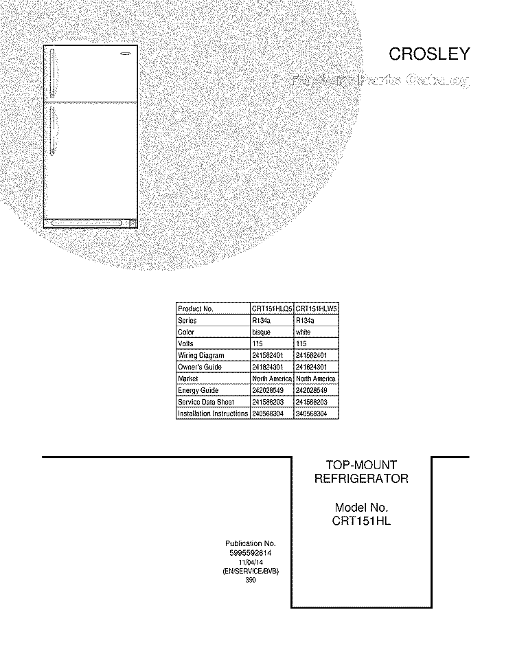 COVER Diagram and Parts List for CRT151HLW5  Crosley Refrigerator