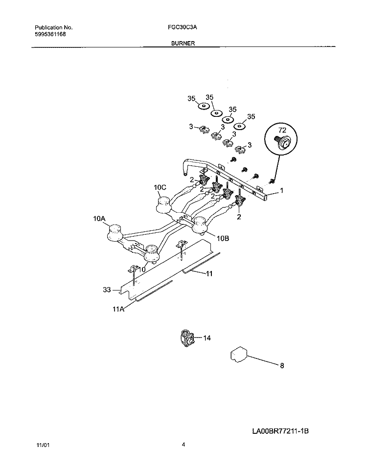 BURNER Diagram and Parts List for FGC30C3AWA  Frigidaire Cooktop