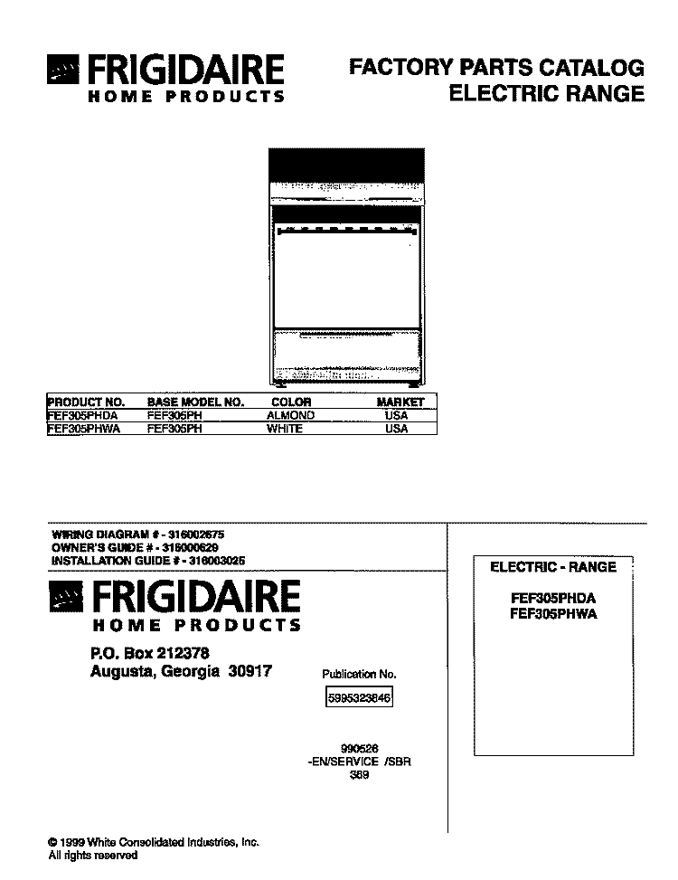COVER Diagram and Parts List for FEF305PHDA  Frigidaire Range