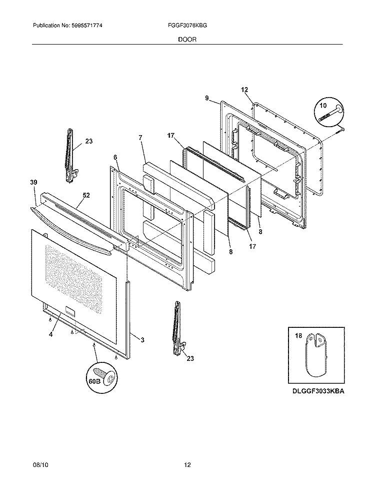 DOOR Diagram and Parts List for FGGF3076KBG  Frigidaire Range