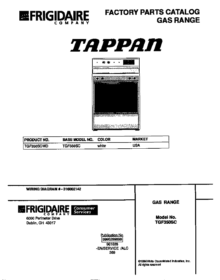 COVER Diagram and Parts List for TGF350SCWD  Tappan Range