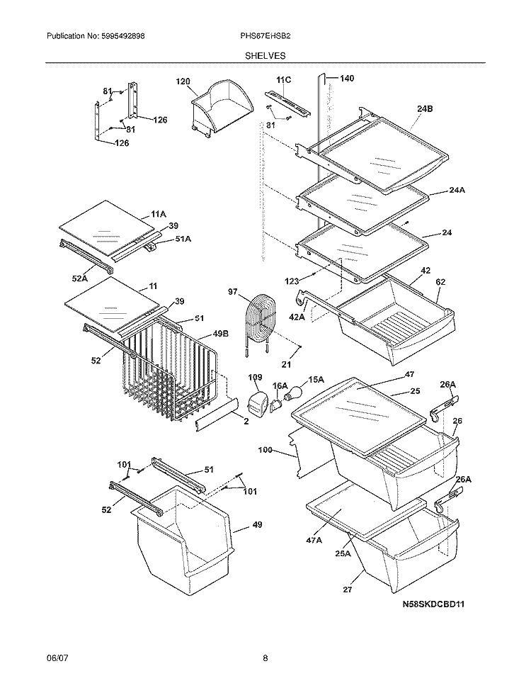 SHELVES Diagram and Parts List for PHS67EHSB2  Frigidaire Refrigerator