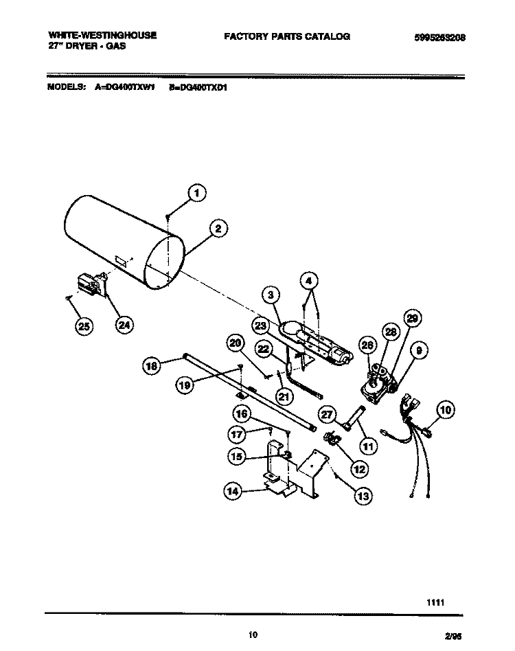 GAS VALVE, BURNER ASSEMBLY, SENSOR Diagram and Parts List for DG400TXD1  Frigidaire Dryer