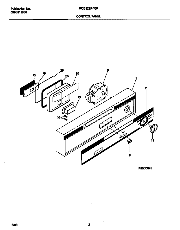 CONTROL PANEL Diagram and Parts List for MDB122RFS0  Frigidaire Dishwasher