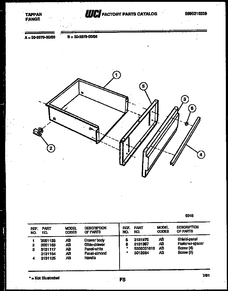 DRAWER PARTS Diagram and Parts List for 30-3979-00-03  Tappan Range