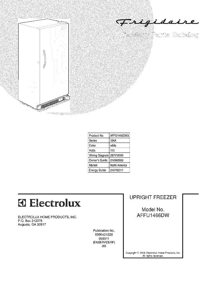 COVER Diagram and Parts List for AFFU1466DW3  Frigidaire Freezer