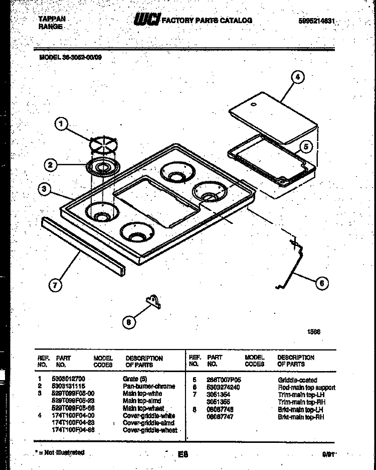 COOKTOP PARTS Diagram and Parts List for 36-3052-66-09  Tappan Range