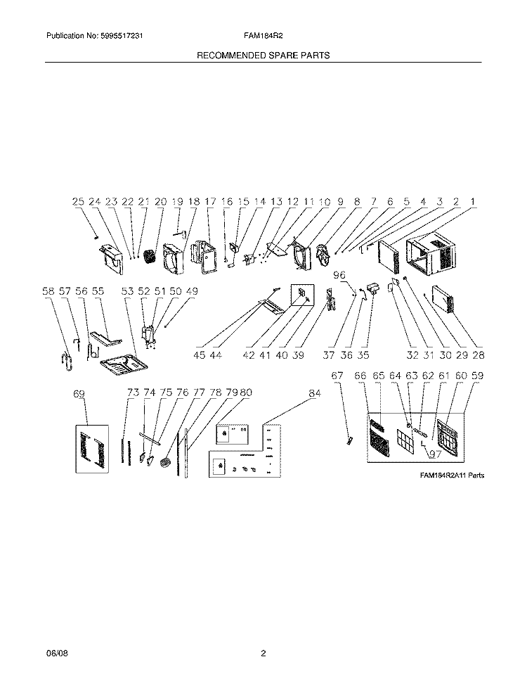 RECOMMENDED SPARE PARTS Diagram and Parts List for FAM184R2A14  Frigidaire Air Conditioner