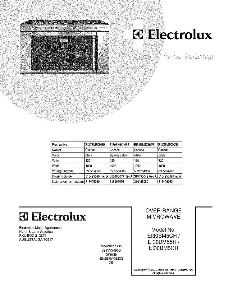 COVER Diagram and Parts List for EI30BM5CHZB  Electrolux Microwave