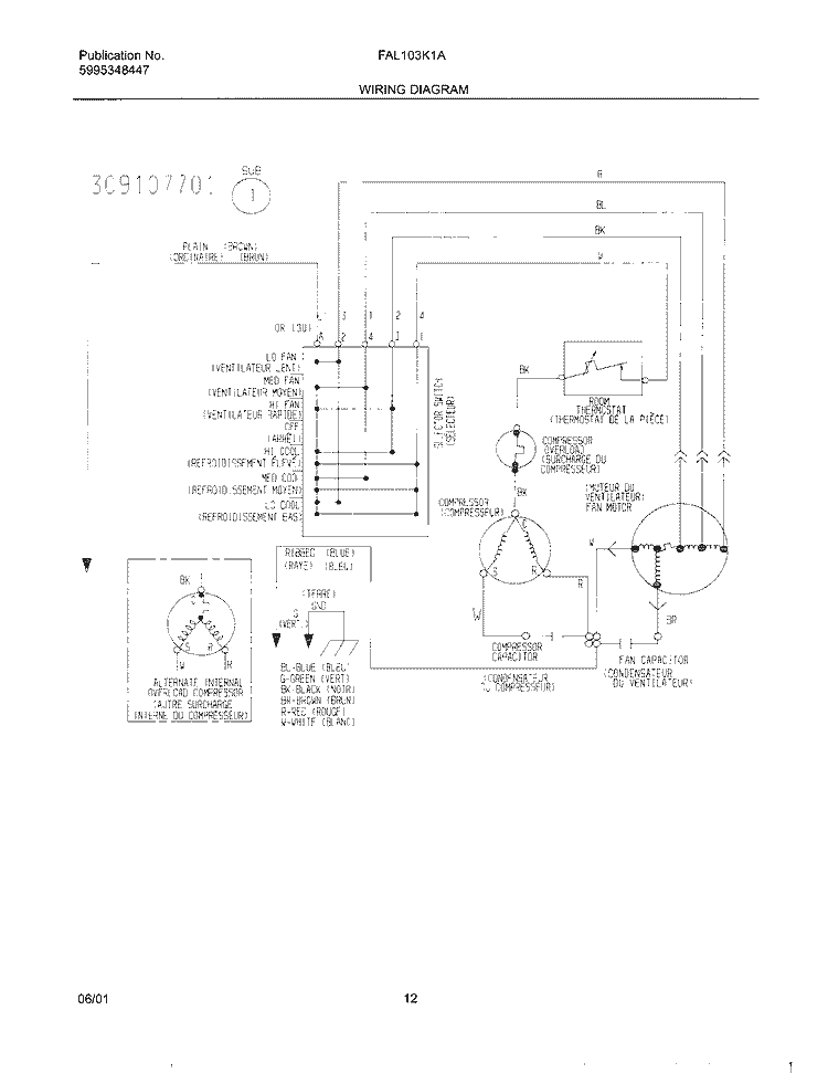 WIRING DIAGRAM Diagram and Parts List for FAL103K1A1  Frigidaire Air Conditioner