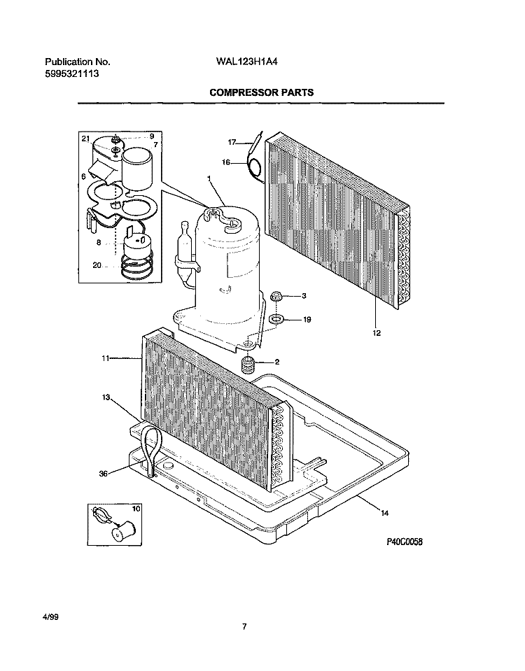 COMPRESSOR Diagram and Parts List for WAL123H1A4  Frigidaire Air Conditioner
