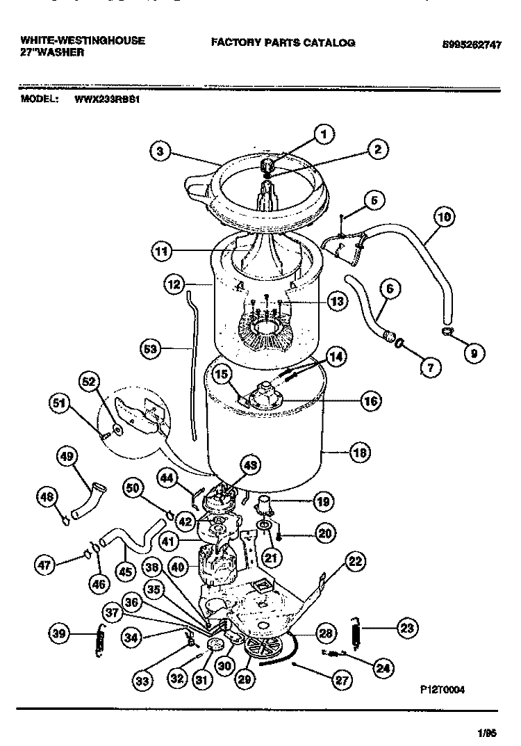 TUBS, HOSES, MOTOR Diagram and Parts List for WWX233RBS1  Frigidaire Washer