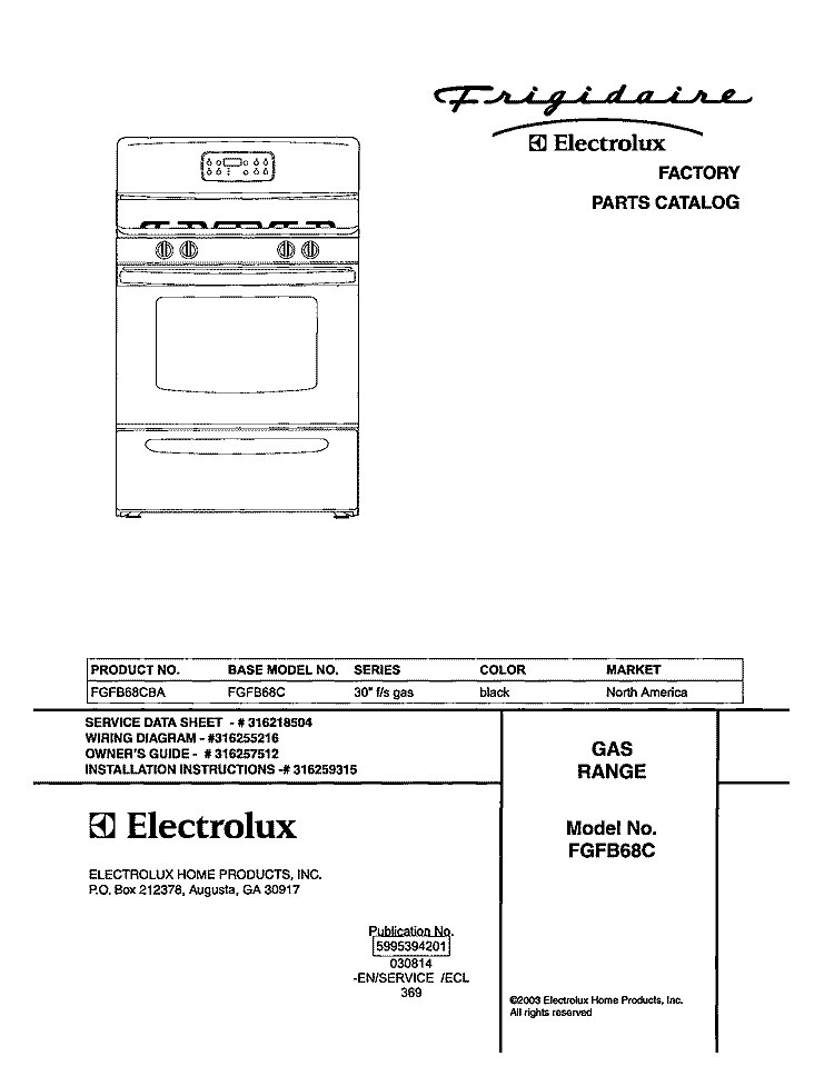 COVER Diagram and Parts List for FGFB68CBA  Frigidaire Range