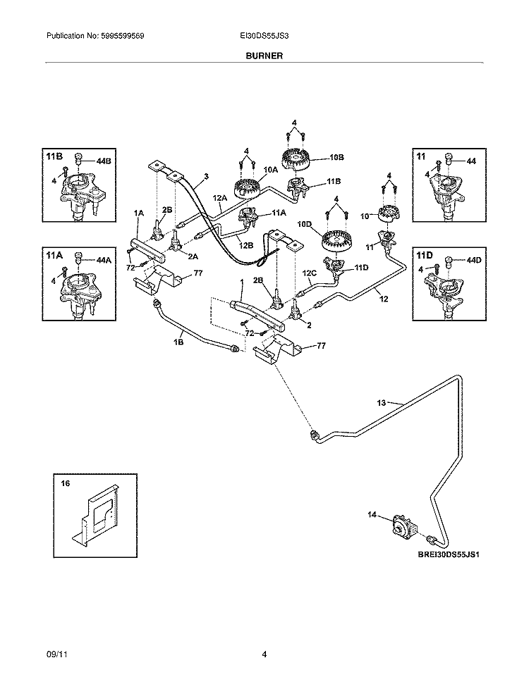 BURNER Diagram and Parts List for EI30DS55JS3  Electrolux Range
