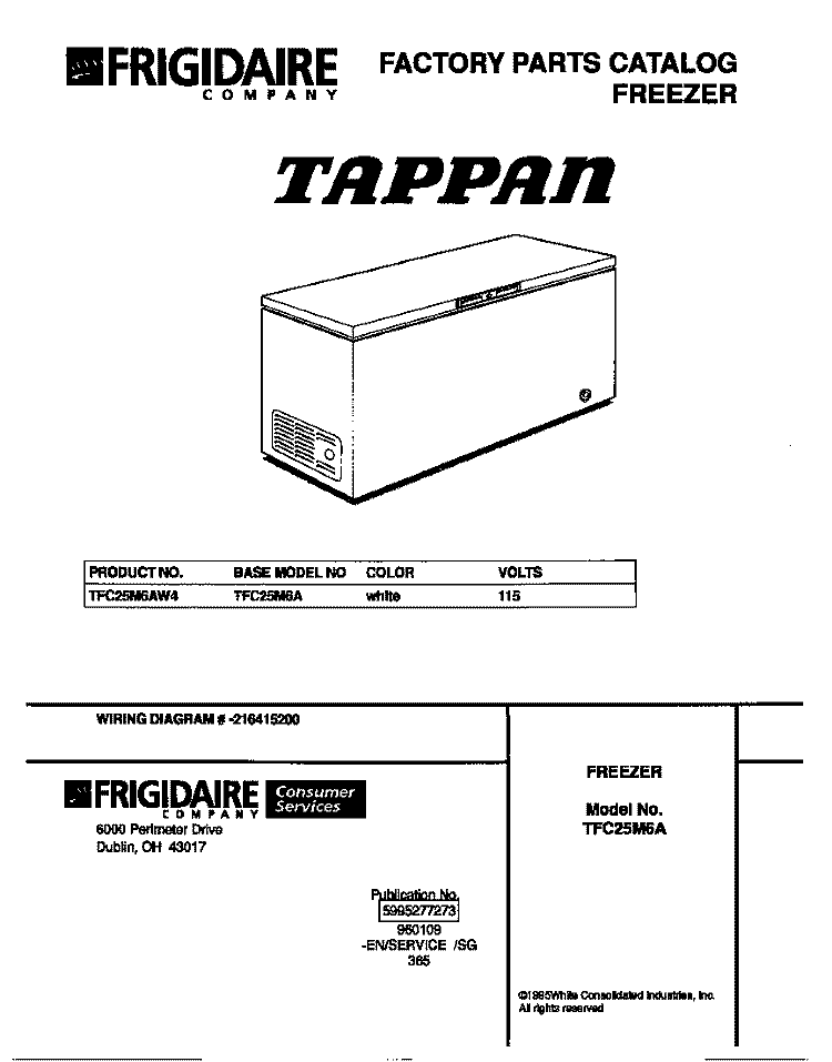 COVER Diagram and Parts List for TFC25M6AW4  Tappan Freezer