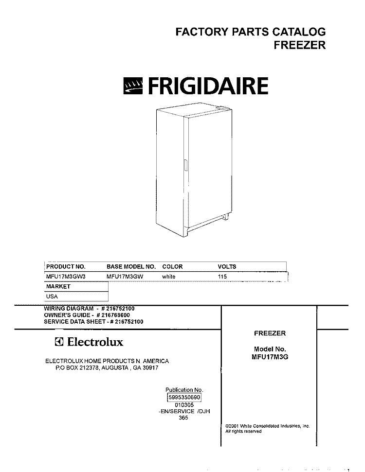 COVER Diagram and Parts List for MFU17M3GW3  Frigidaire Freezer