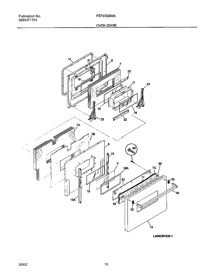 OVEN DOOR Diagram and Parts List for FEF450BWA  Frigidaire Range