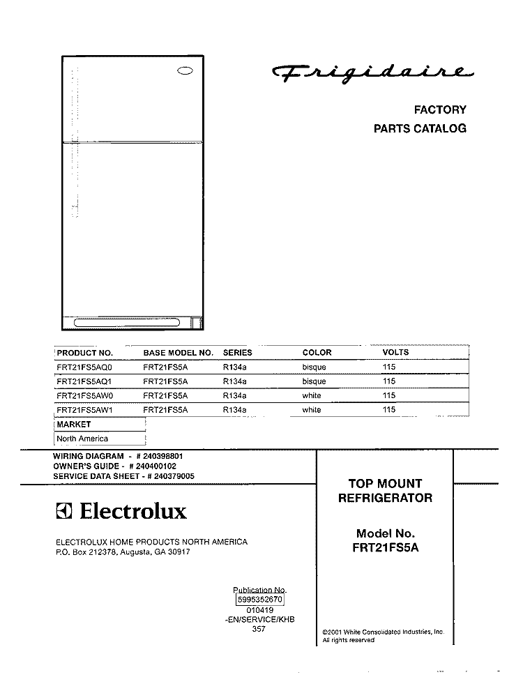 COVER Diagram and Parts List for FRT21FS5AW0  Frigidaire Refrigerator