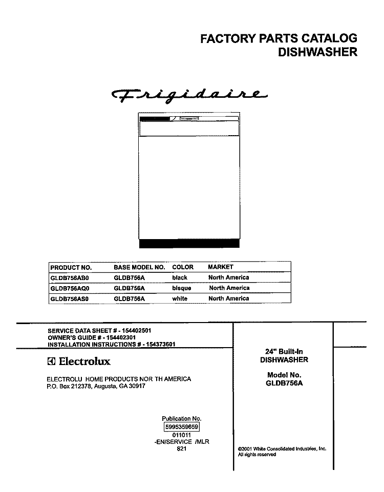COVER Diagram and Parts List for GLDB756AB0  Frigidaire Dishwasher