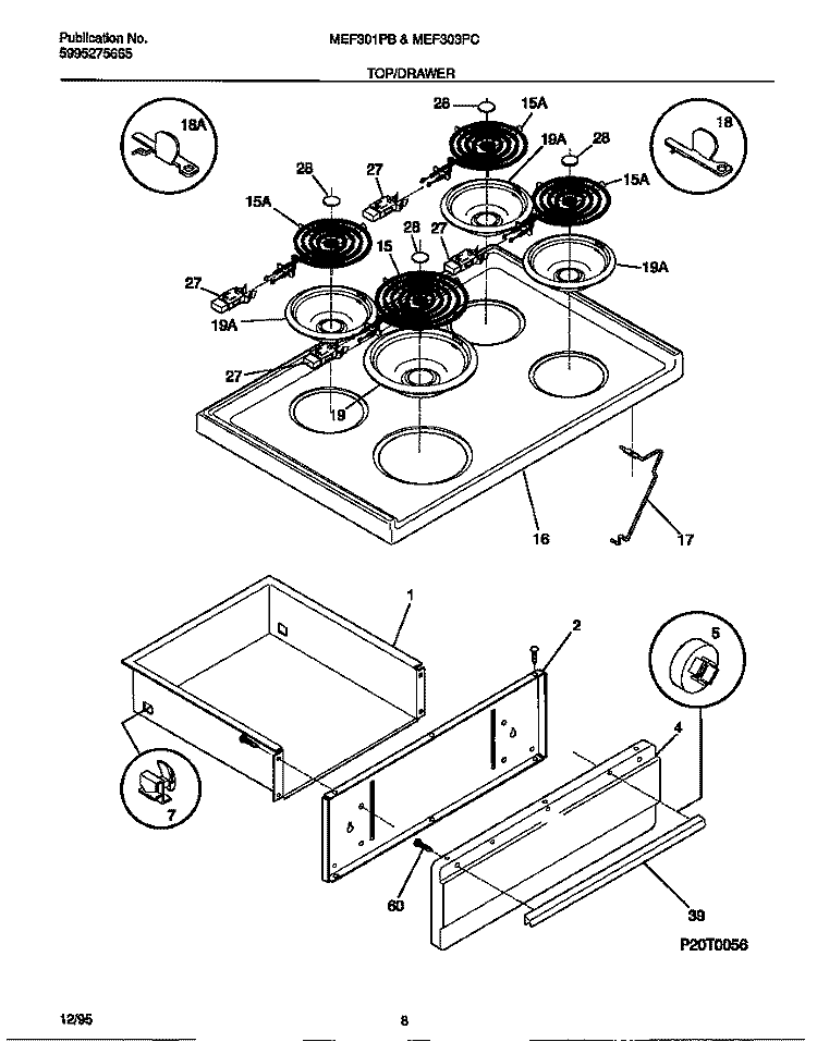 TOP / DRAWER Diagram and Parts List for MEF303PCWC  Frigidaire Range