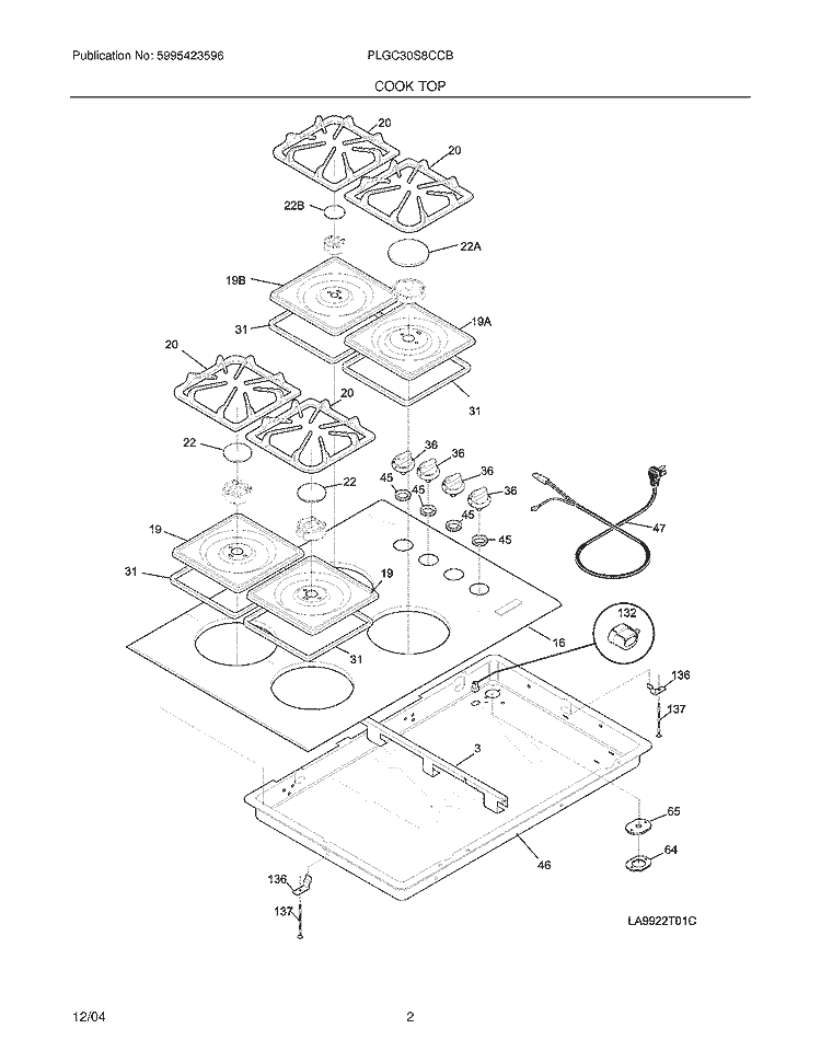 MAINTOP Diagram and Parts List for PLGC30S8CCB  Frigidaire Cooktop