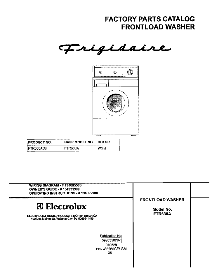 COVER Diagram and Parts List for FTR630AS0  Frigidaire Washer