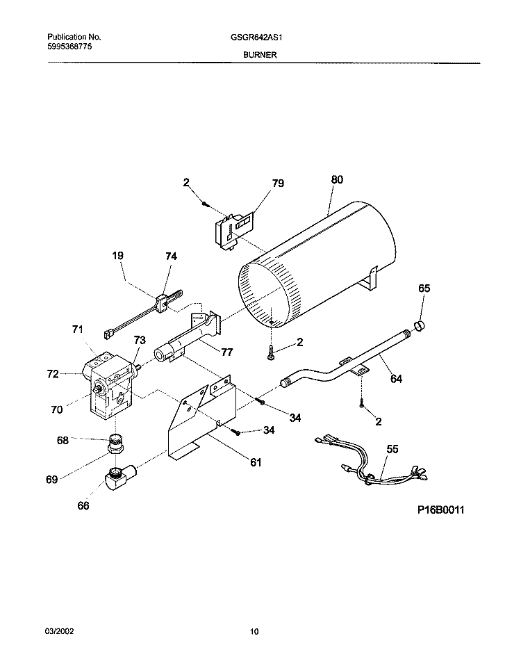 BURNER, VALVE Diagram and Parts List for GSGR642AS1  Frigidaire Dryer