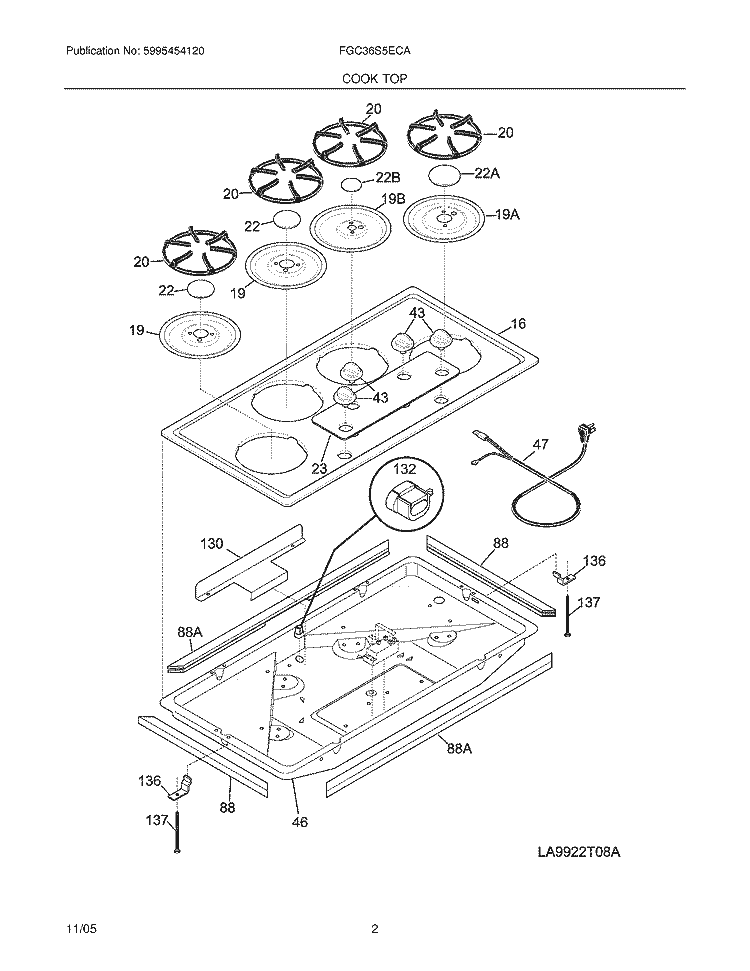 MAINTOP Diagram and Parts List for FGC36S5ECA  Frigidaire Cooktop