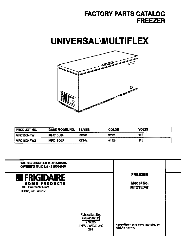 COVER Diagram and Parts List for MFC15D4FW2  Frigidaire Freezer