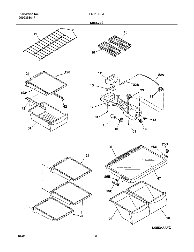 SHELVES Diagram and Parts List for FRT18R6AW0  Frigidaire Refrigerator