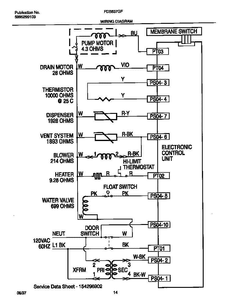 WIRING DIAGRAM Diagram and Parts List for FDB837GFS2  Frigidaire Dishwasher