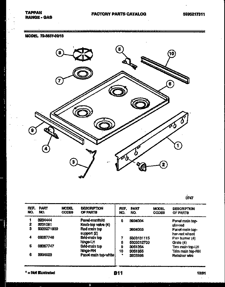 COOKTOP PARTS Diagram and Parts List for 72-3657-00-13  Tappan Range