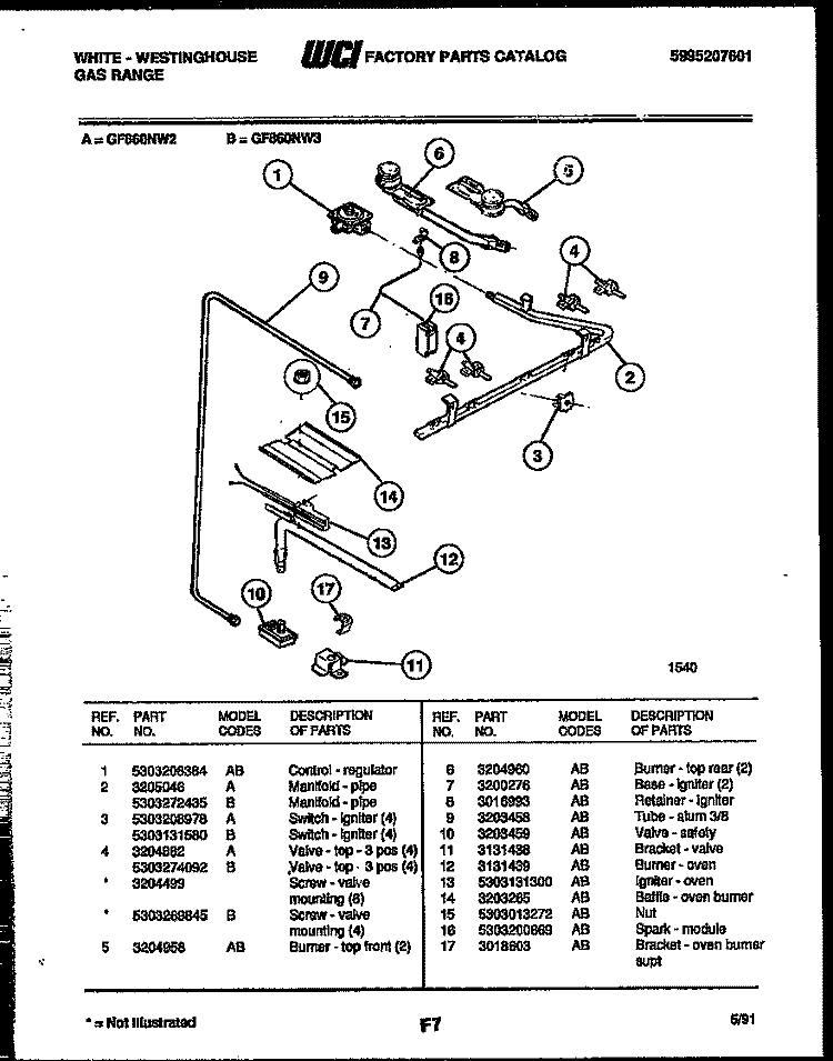 BURNER, MANIFOLD AND GAS CONTROL Diagram and Parts List for GF860ND2  Frigidaire Range