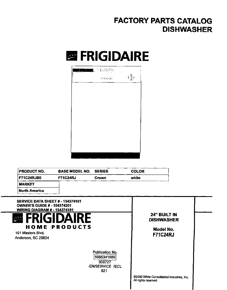 COVER Diagram and Parts List for F71C24RJB0  Frigidaire Dishwasher