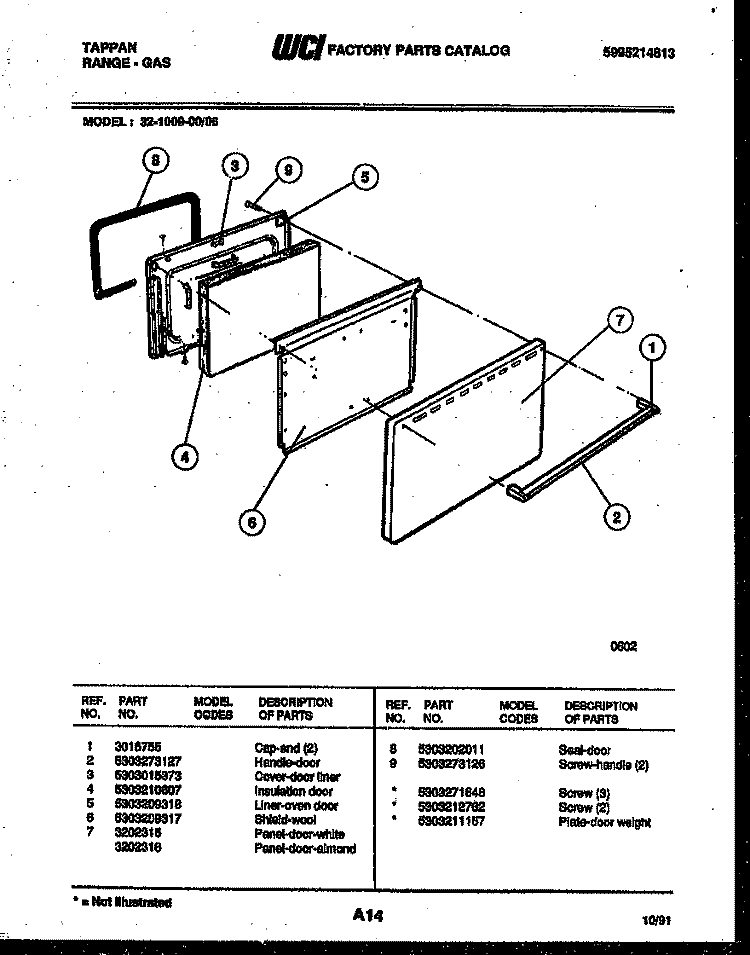 DOOR PARTS Diagram and Parts List for 32-1009-00-06  Tappan Range