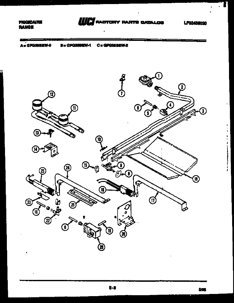 BURNER, MANIFOLD AND GAS CONTROL Diagram and Parts List for GPG38BEL0  Frigidaire Range