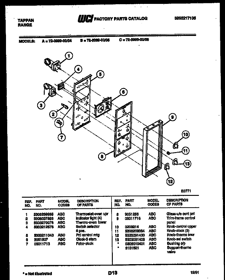CONTROL PANEL Diagram and Parts List for 72-3989-00-04  Tappan Range