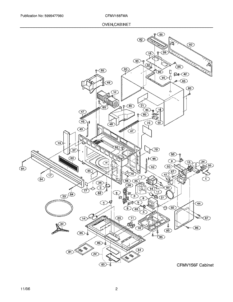 OVEN / CABINET Diagram and Parts List for CFMV156FMA  Frigidaire Microwave