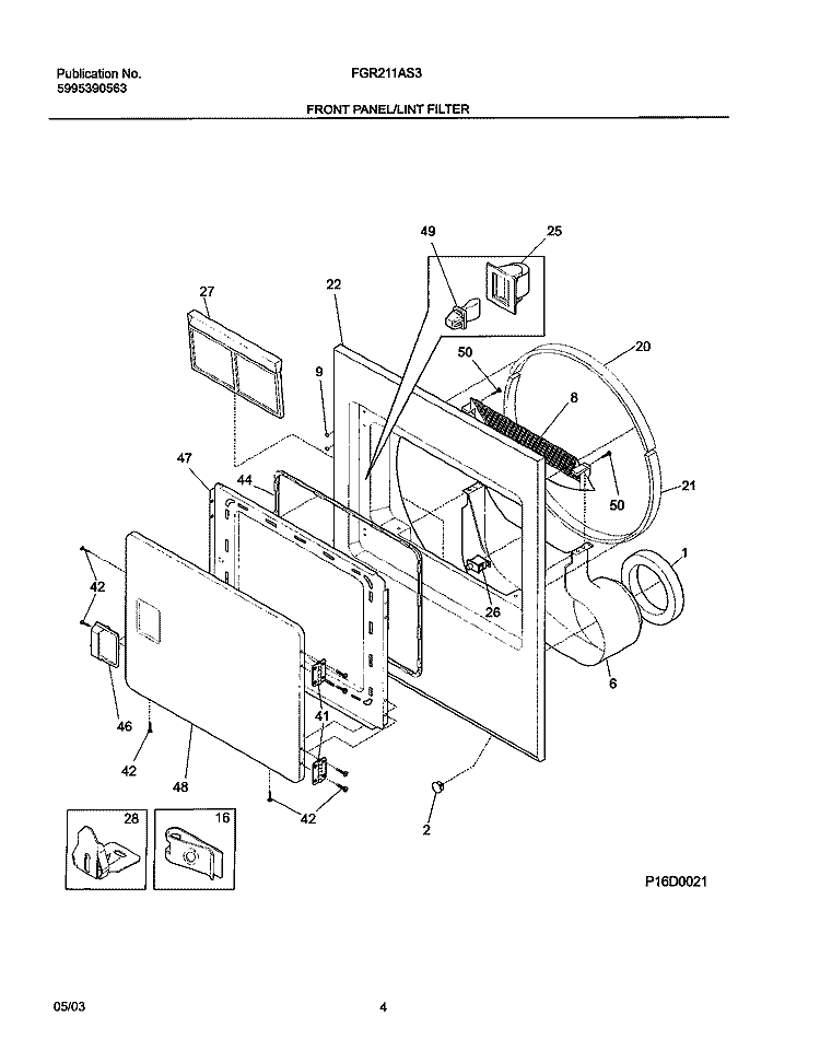 FRONT Diagram and Parts List for FGR211AS3  Frigidaire Dryer