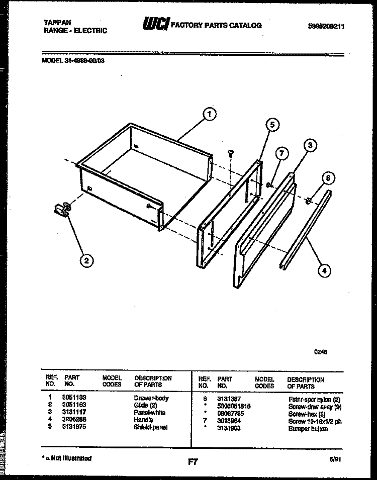 DRAWER PARTS Diagram and Parts List for 31-4989-00-03  Tappan Range