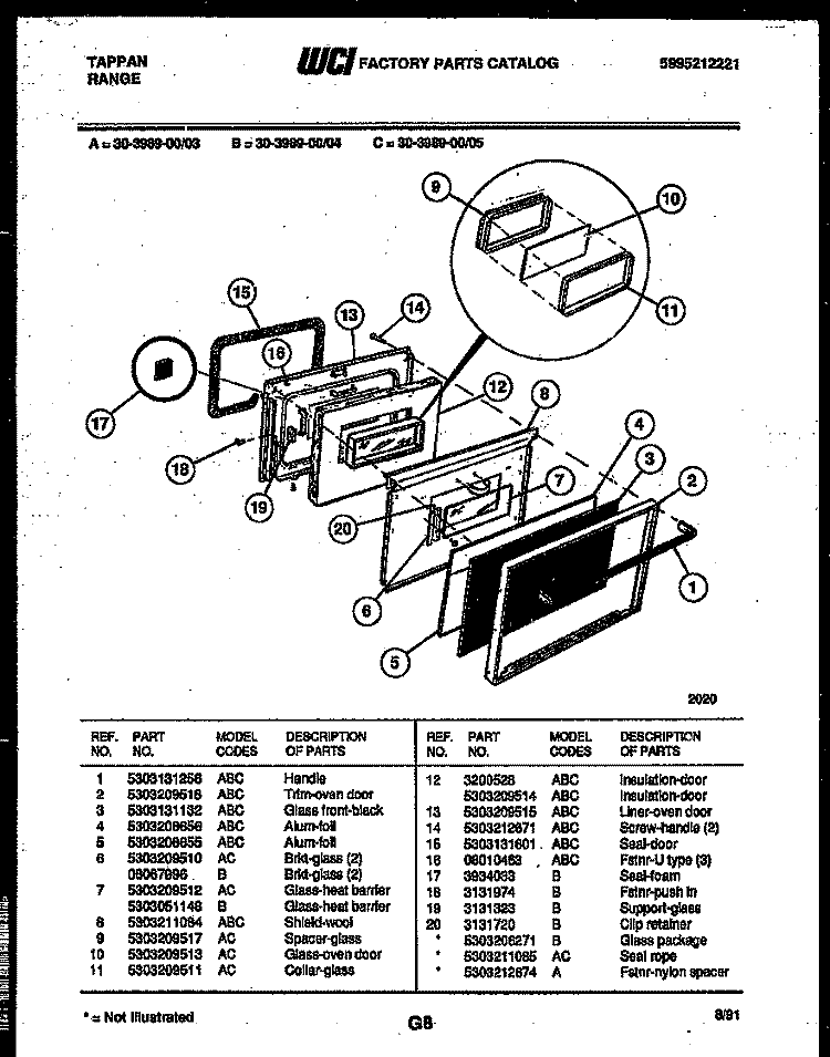 DOOR PARTS Diagram and Parts List for 30-3989-00-03  Tappan Range