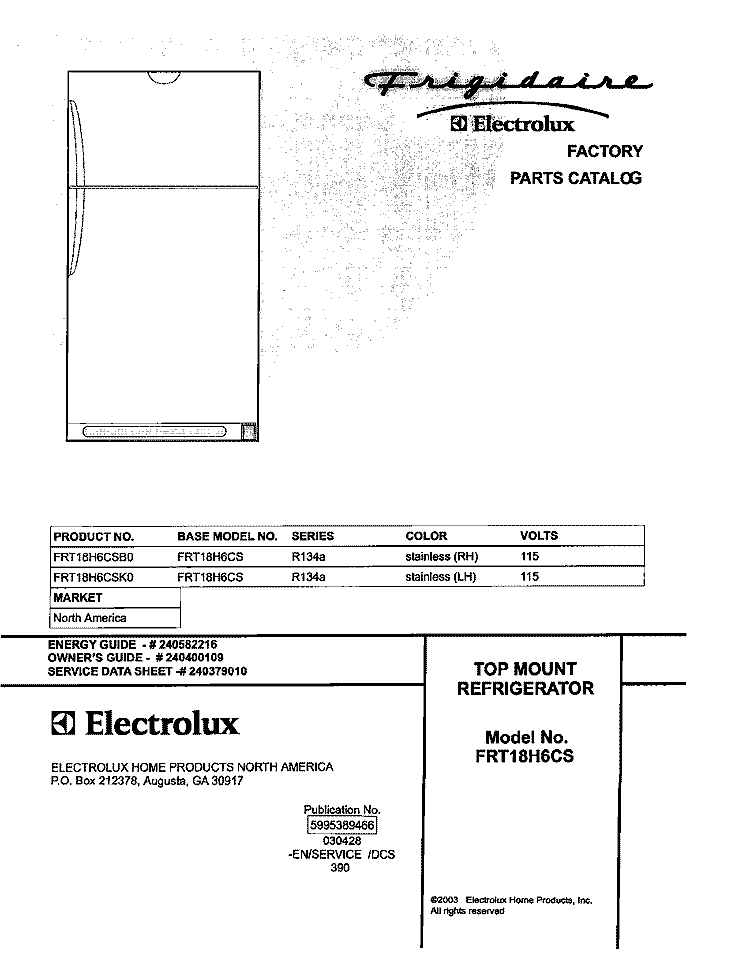 COVER Diagram and Parts List for FRT18H6CSK0  Frigidaire Refrigerator