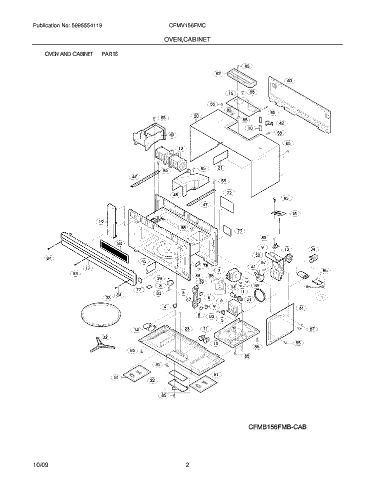 OVEN/CABINET Diagram and Parts List for CFMV156FMC  Frigidaire Microwave